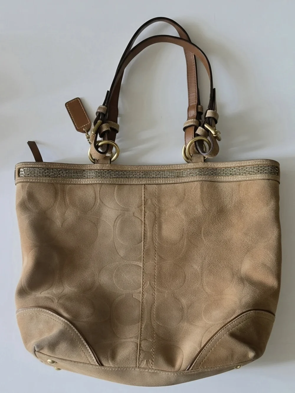 Coach Hampton Beaded Suede Tote Bag Tan/Beige Monogram